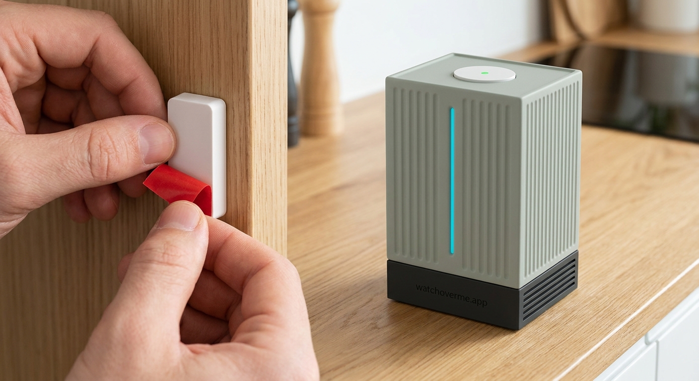 Subtle ambient micro-sensor positioned discreetly on a shelf.