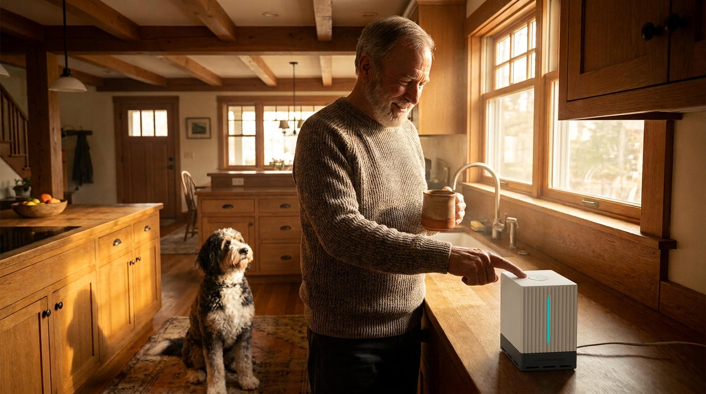 A senior smiling warmly in a sunlit kitchen, enjoying an independent lifestyle.